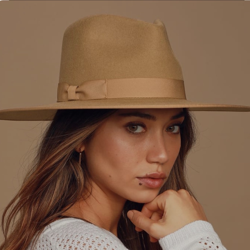 Womens Tan Wide-Brim Wool Fedora Hat